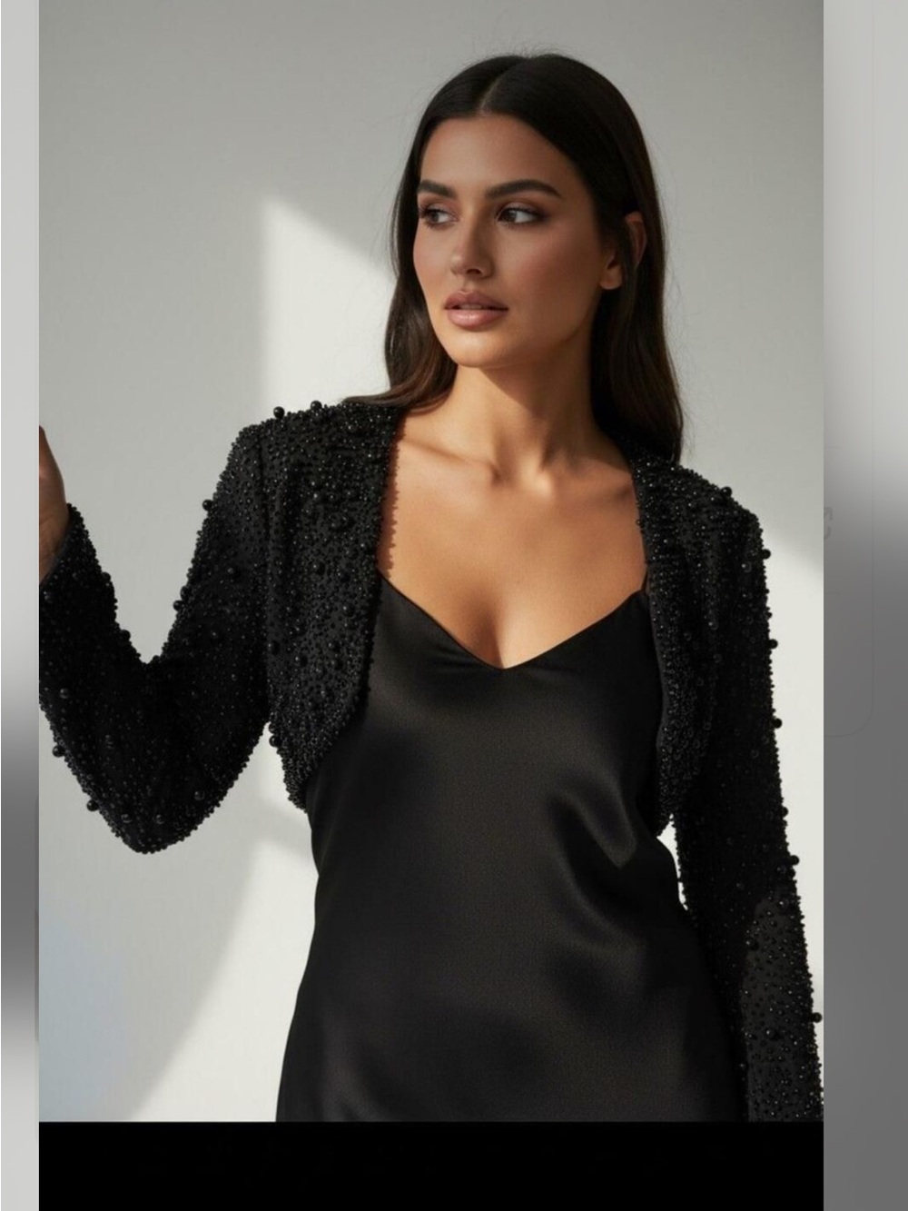 Oh Polly Black Beaded Long-Sleeve Crop Bolero